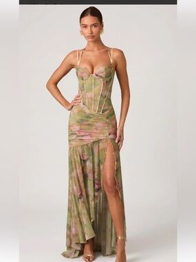 Oh Polly Haruna Gown- Green Floral Mesh Corset Gown with Pink Rose Print